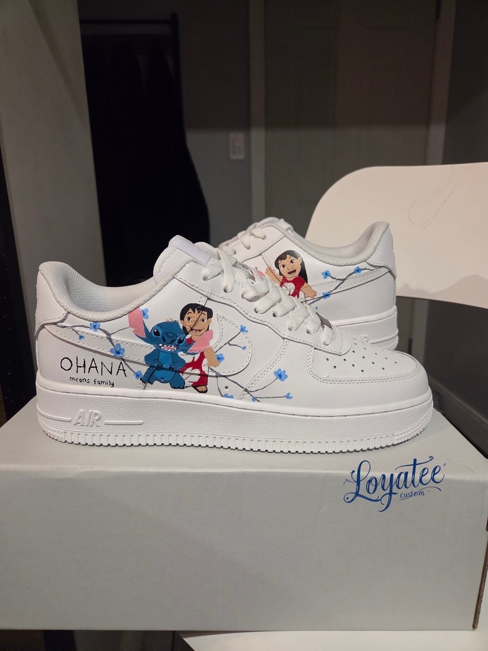 Custom White Lilo & Stitch Air Force 1 Sneakers — "Ohana" Design